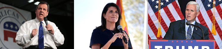 A collage of three prominent Republican presidential candidates (left to right): former New Jersey Gov. Chris Christie; former South Carolina Gov. Nikki Haley; and former Vice President Mike Pence. former New Jersey