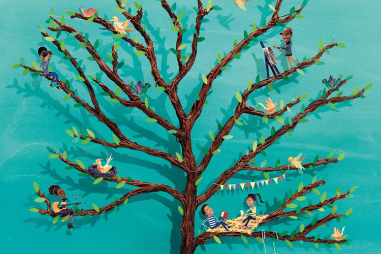 Illustration of a tree with people smiling and playing on the branches