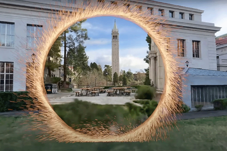 A rendered image shows what appears to be a photo of the UC Berkeley campus. In the middle of the image is a golden circle which appears to represent a portal, showing a different view of campus and the campanile inside.