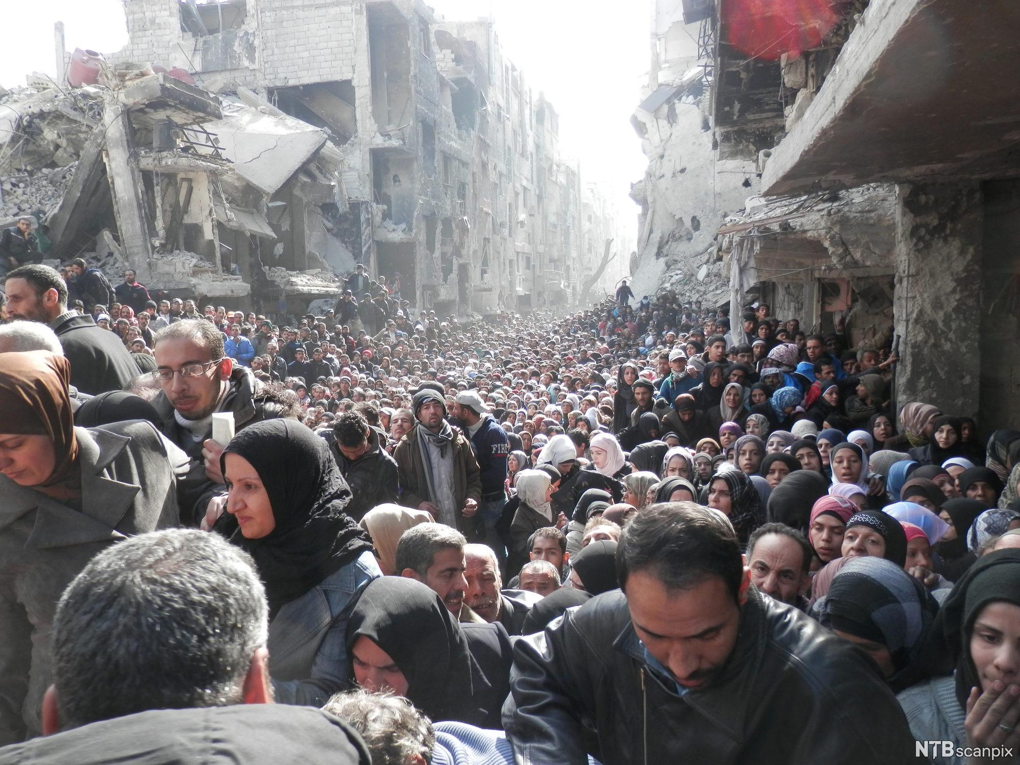 Palestinian refugees mass in a war-ravaged district on the outskirts of Damascus, Syria, in 2014