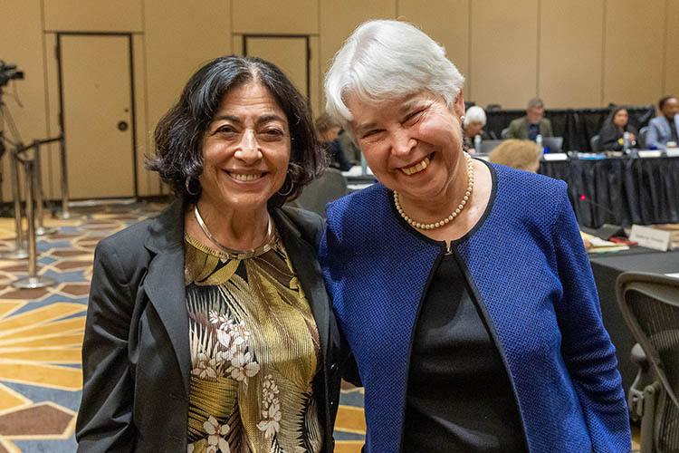 Jennifer Chayes and Berkeley Chancellor Carol Christ smile and pose for a photo