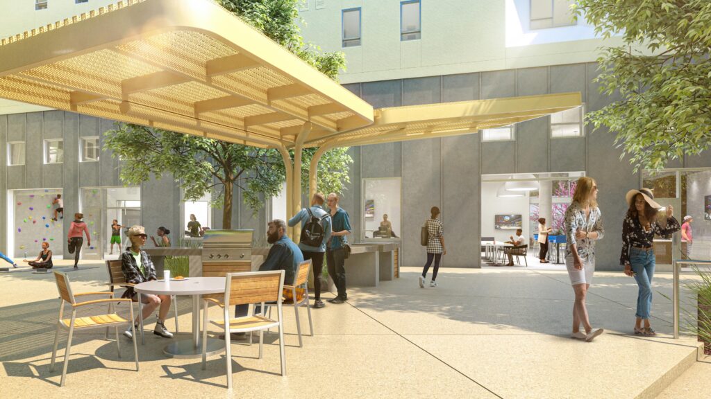 An artist's rendering of the new graduate student apartments in Albany shows a series of courtyards nestled between the buildings along Jackson Street where students can hold community gatherings.