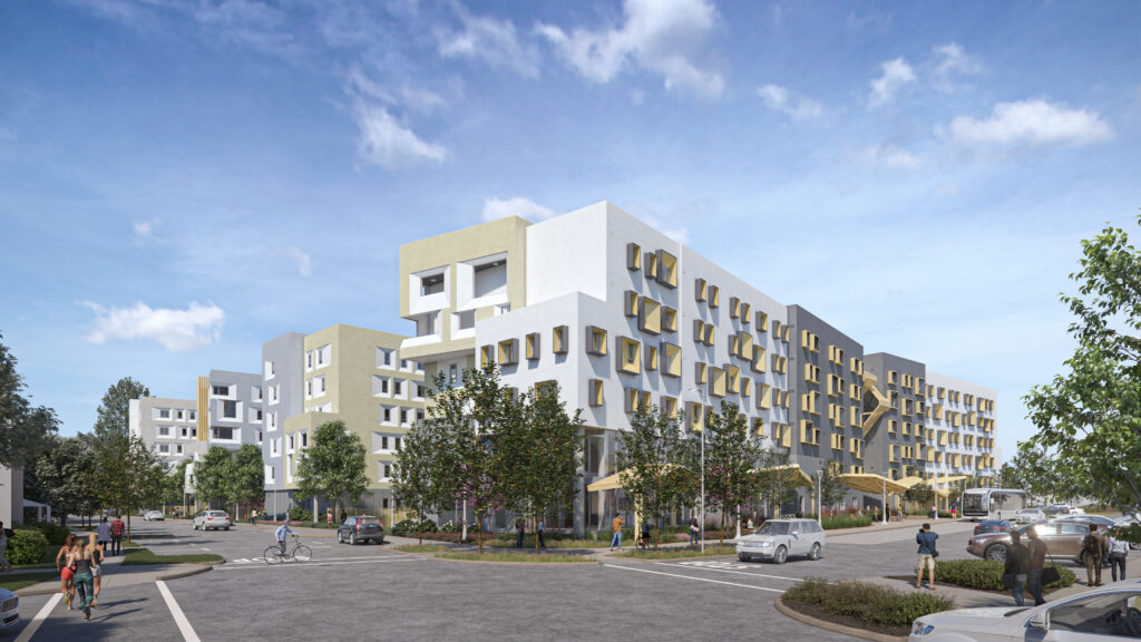 An artist's rendering of the new graduate student apartments in Albany shows five six-story buildings in shades of white, pale yellow, grey and off-white and the transit stop that runs alongside the buildings.