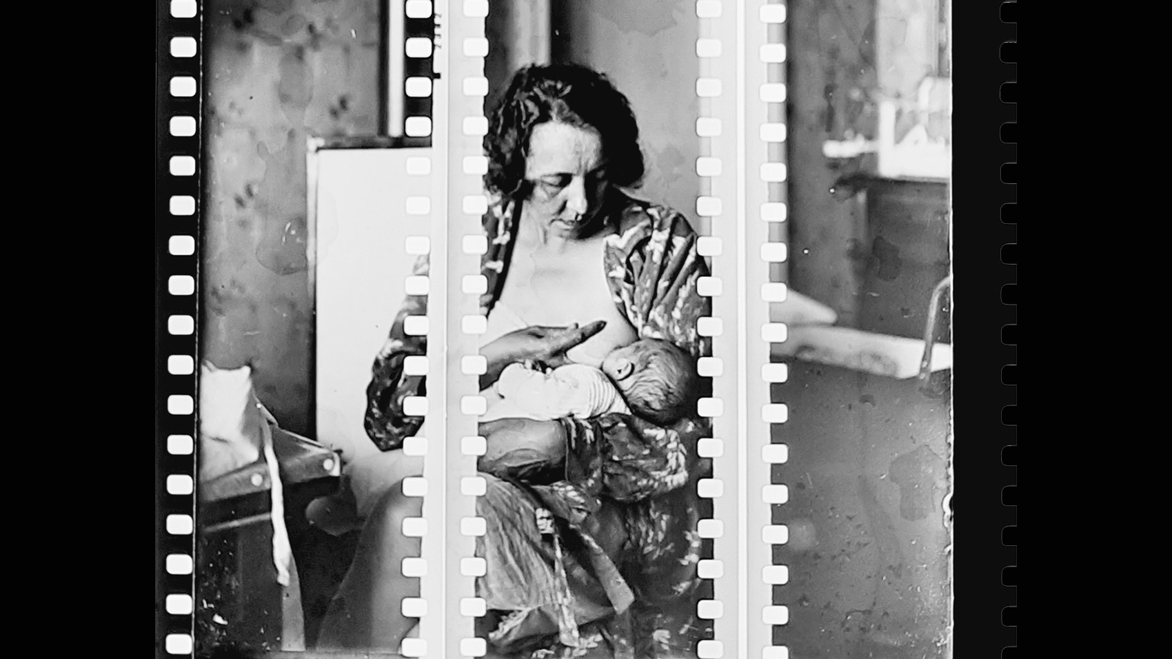 Black and white film strip of a woman breastfeeding a baby