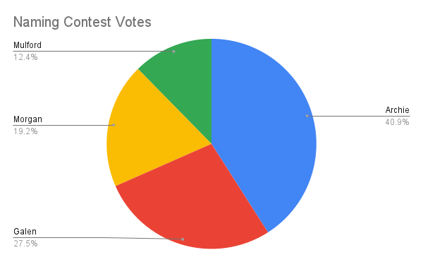 A colorful pie chart shows the names the public chose from to name the new male falcon on the Campanile and the percentage of votes they received. The big blue piece shows the name Archie, with 40.9% of the 2,355 votes cast; a red section for Galen, who receive 27.5% of the votes, a yellow section is for Morgan, with 19.2% of the vote and a green slice for Mulford, which received 12.4% of the vote.