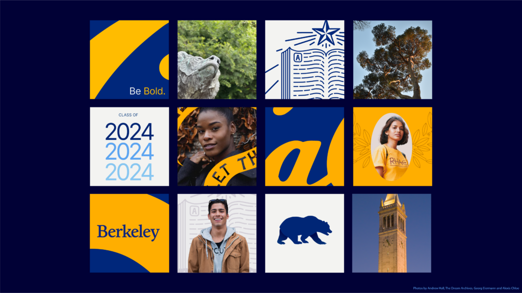 A grid showing various aspects of Berkeley's updated brand and logos. It shows the Cal logo, elements from the seal, and a range of other applications for how the updated text and colors may be used.