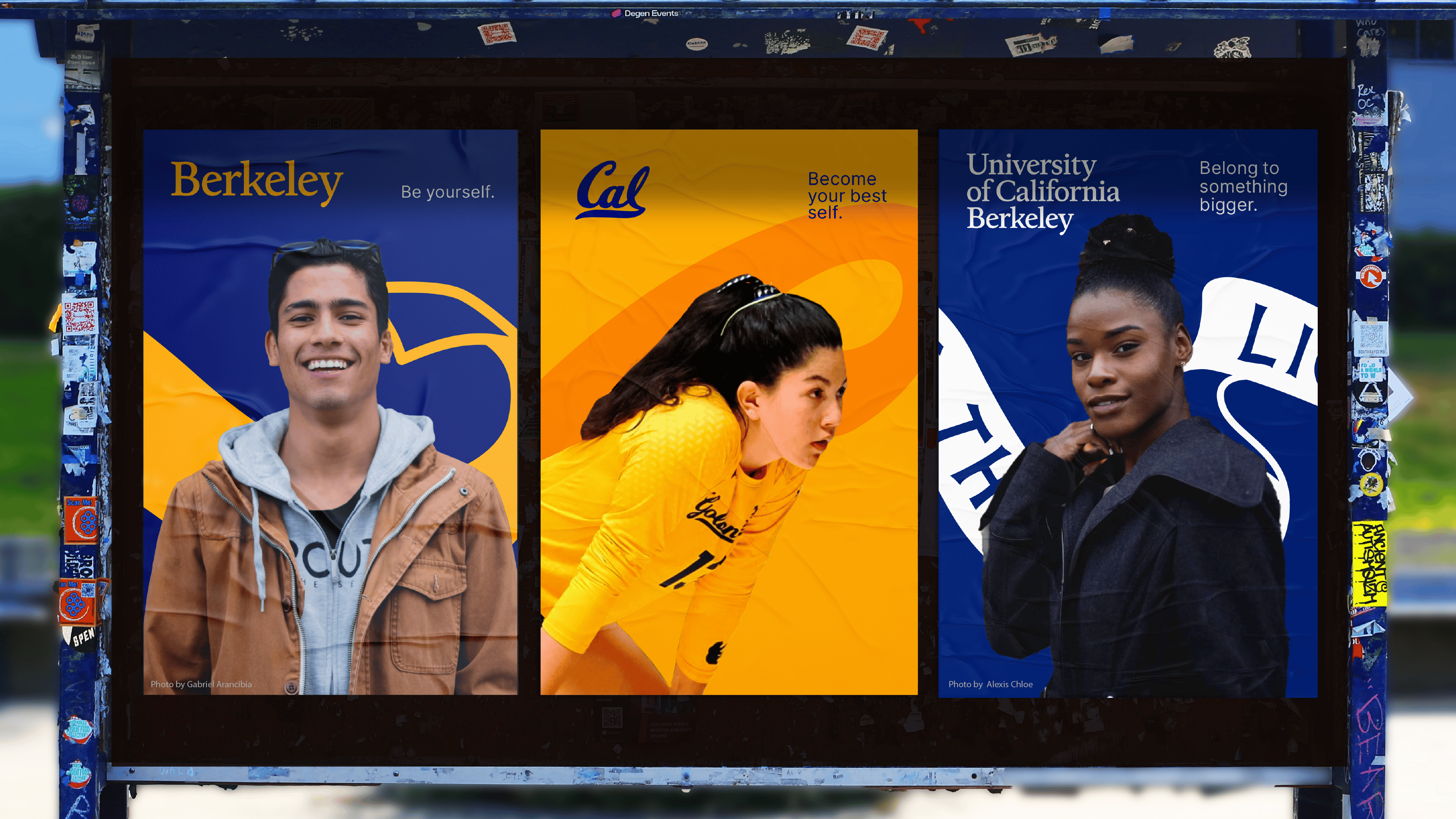 An artist rendering showing a three-paneled display of blue and gold brand images for Cal and UC Berkeley that signals the new similarities between the academic 