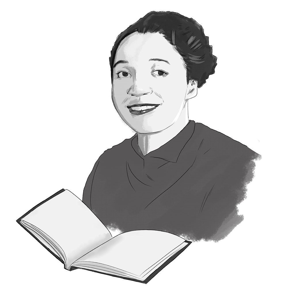A black-and-white illustration of Ida Louise Jackson holding with an open book in front of her