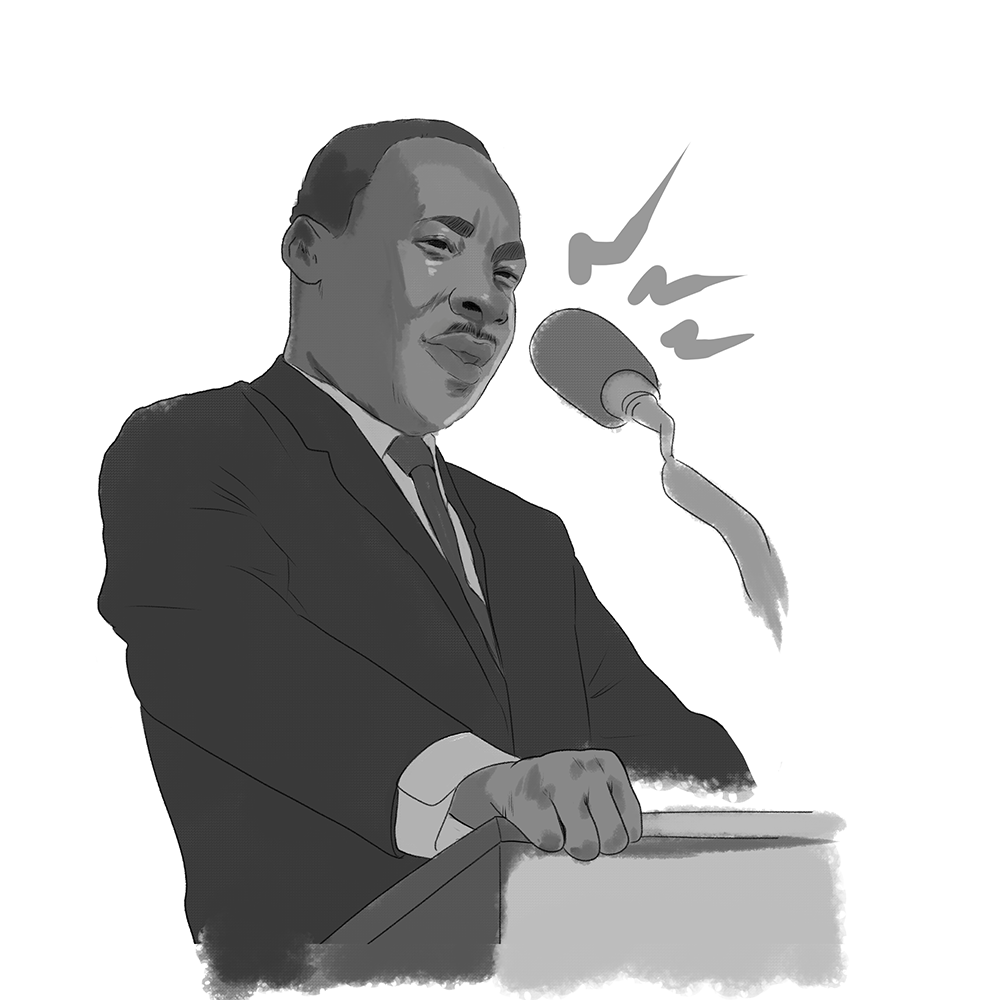 A black-and-white illustration of Martin Luther King Jr. speaking at a podium