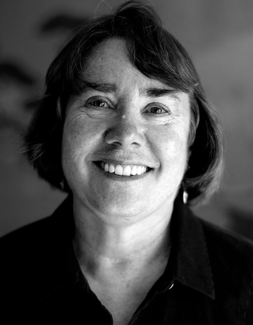 informal headshot of Bonnie_Morris, in black and white