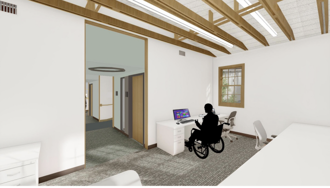 Rendering of the inside of Dwinelle Annex post-renovations. A spacious computer lab station with a student in a wheelchair is visualized in one of the rooms.