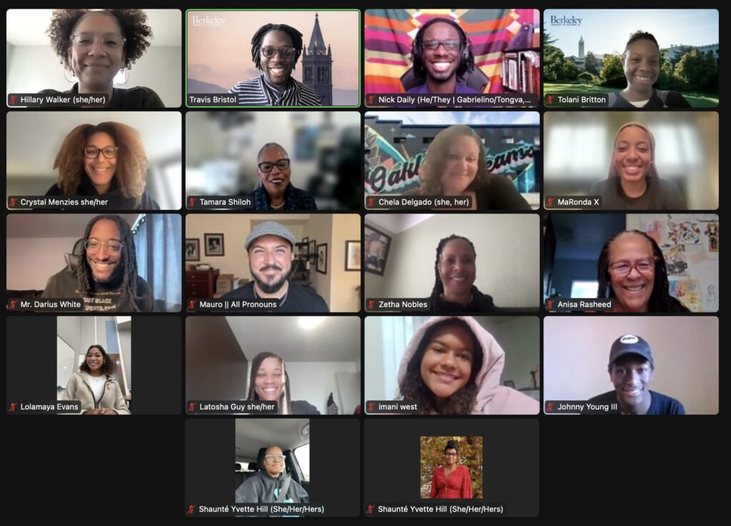 Screenshot of a zoom room meeting with Tolani Britton and Travis Bristol smiling with 16 other community members.