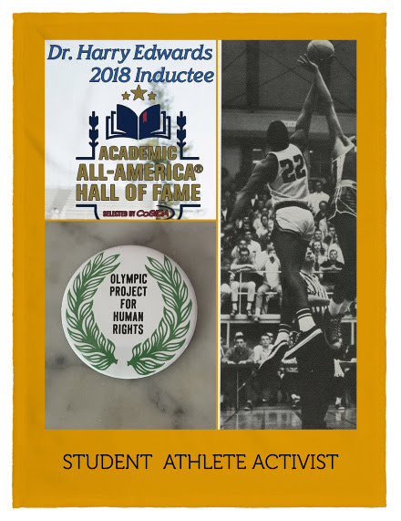 Three images interlaced: One of a pamphlet recognizing Harry Edwards as a 2018 inductee into the academic  all-America hall of fame. A second photo of an Olympic Project for Human Rights button. And a third black and white photo of Edwards playing basketball, and leaping up to tip a ball.