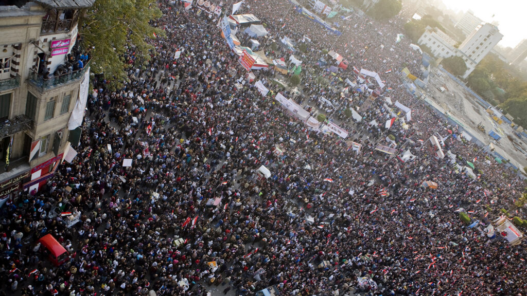 Thousands of people fill Tahrir Square in Egypt during a mass protest on Jan. 25, 2011. 