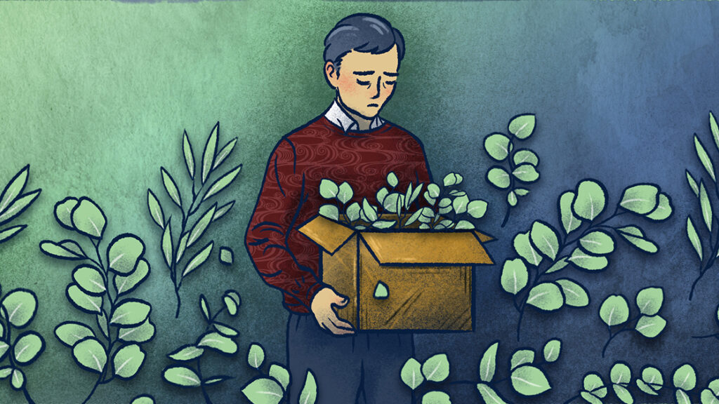 illustration of a Japanese man looking down with a sad expression at a box he's holding with leaves in it