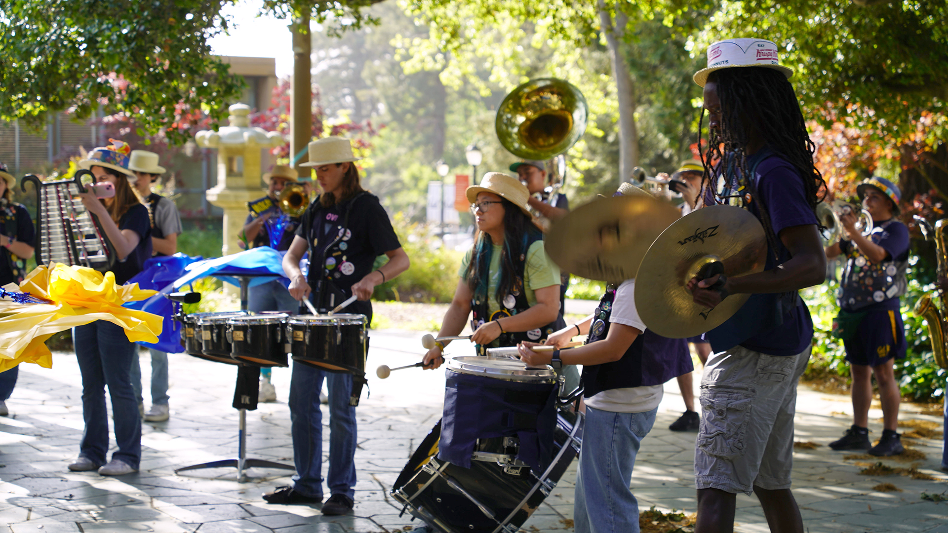 About a dozen Cal Band members perform on campus