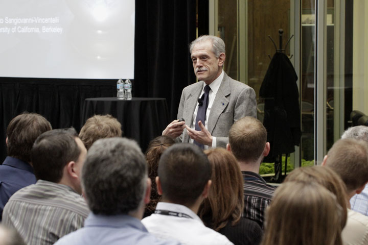 A photo of Alberto Sangiovanni-Vincentelli speaking in front of a classroom of students