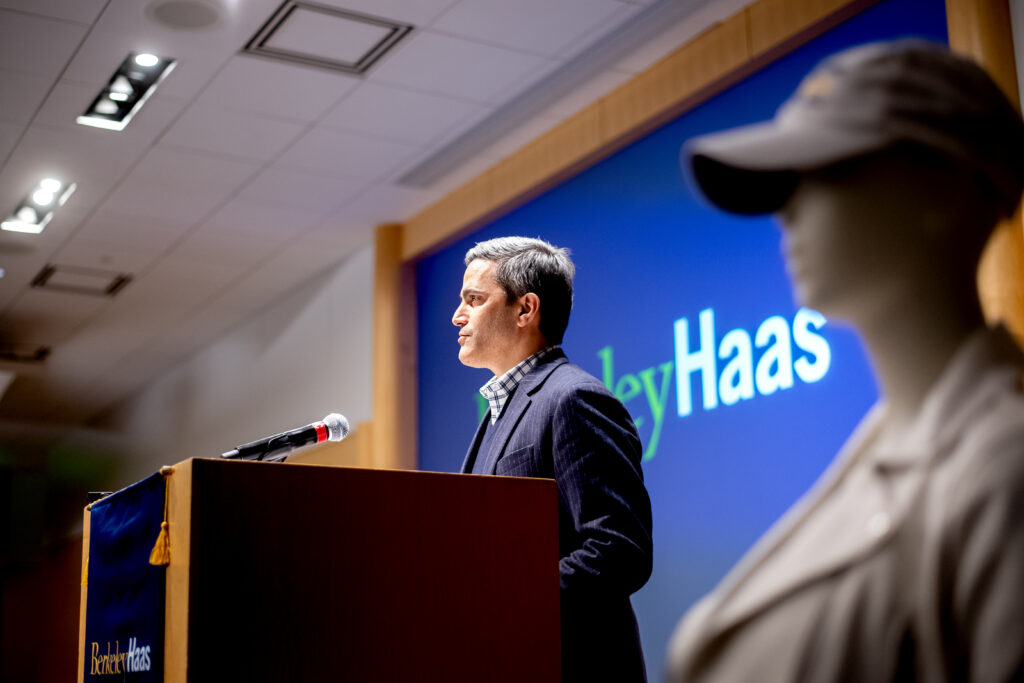 Mark Breitbard speaks at a Berkeley Haas podium.