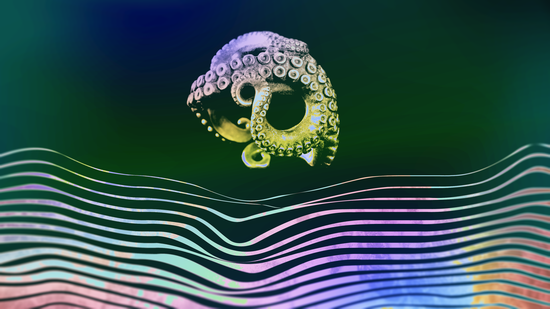 An illustration with a black background, wavy multi-colored lines across the bottom and an artist's depiction of a human head made from octopus tentacles