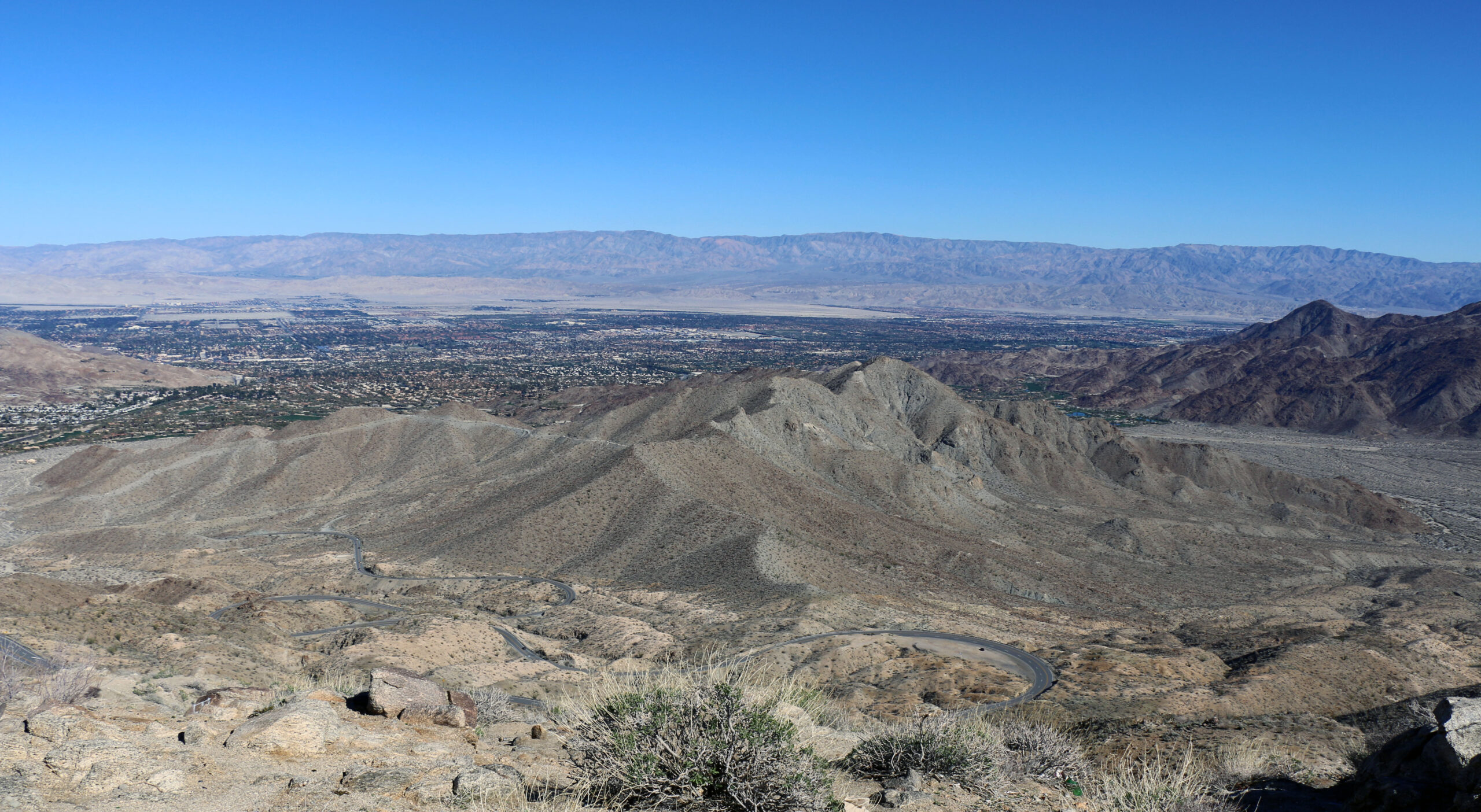 A landscape shot of Coachella Valley's mountains and desert.