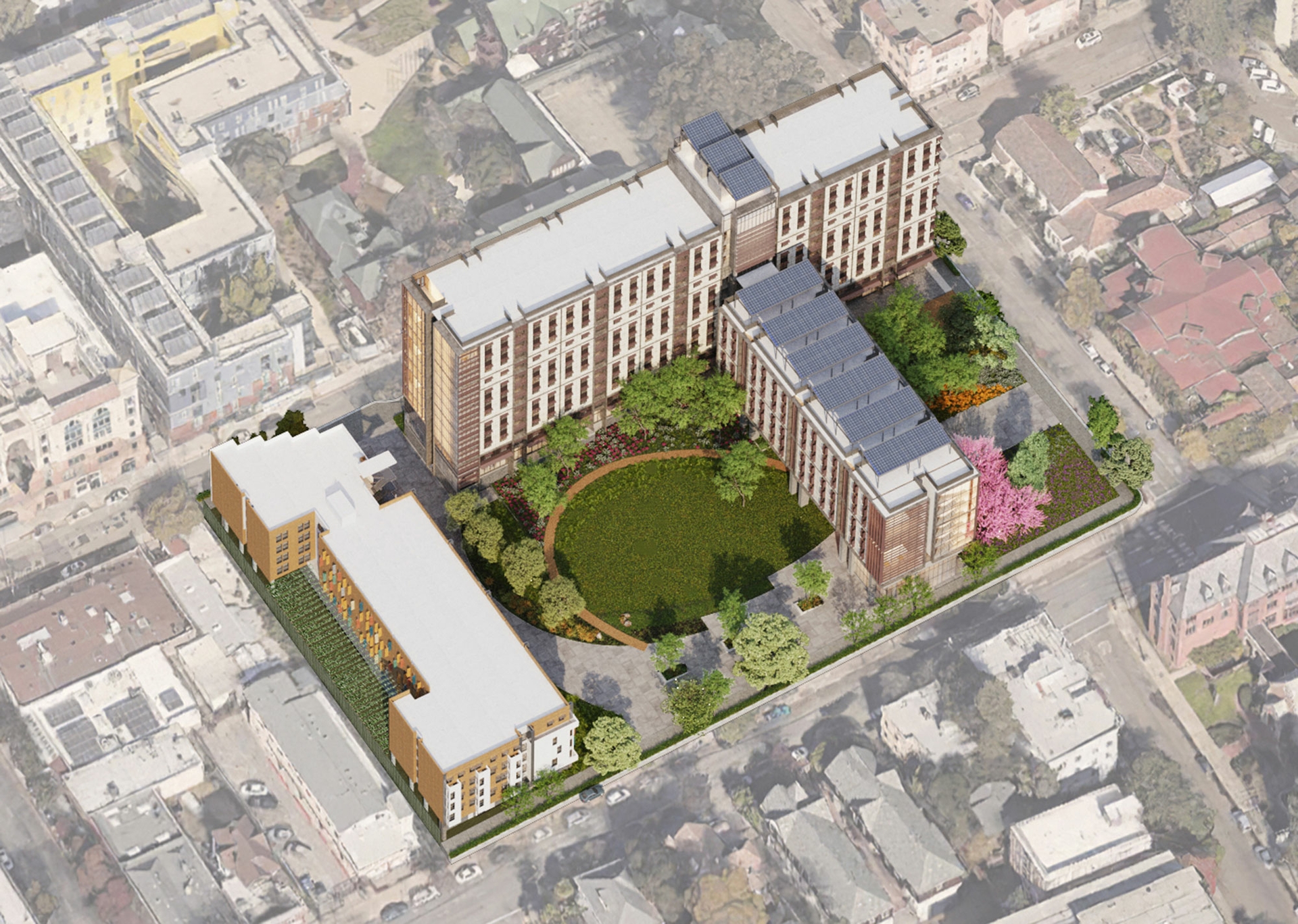 An aerial rendering of the future housing at People's Park