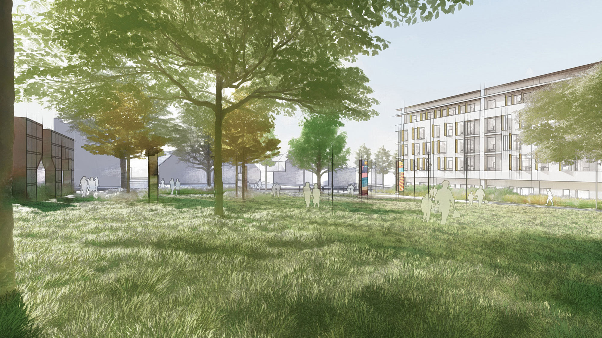 A rendering of planned open space at the People's Park construction site shows an open grassy lawn dotted with trees