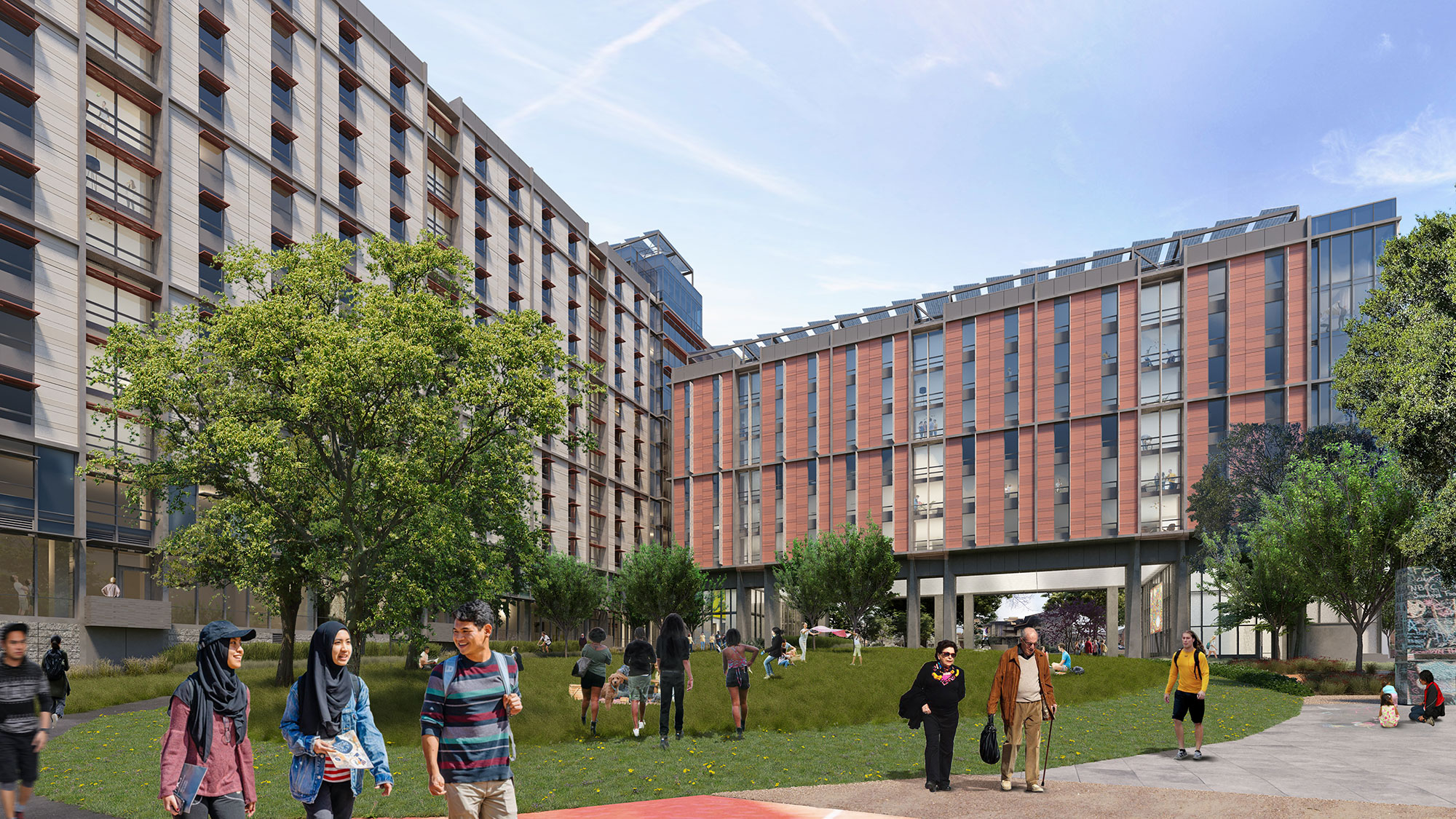A rendering of planned student housing at the People's Park construction site. The building sits behind a large lawn that is filled with socializing people.