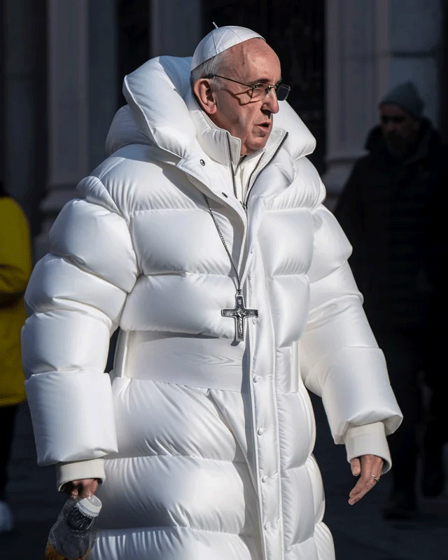 An AI-generated image of Pope Francis, spiritual leader of the Roman Catholic Church, wearing a stylish white puffer coat and other papal regalia