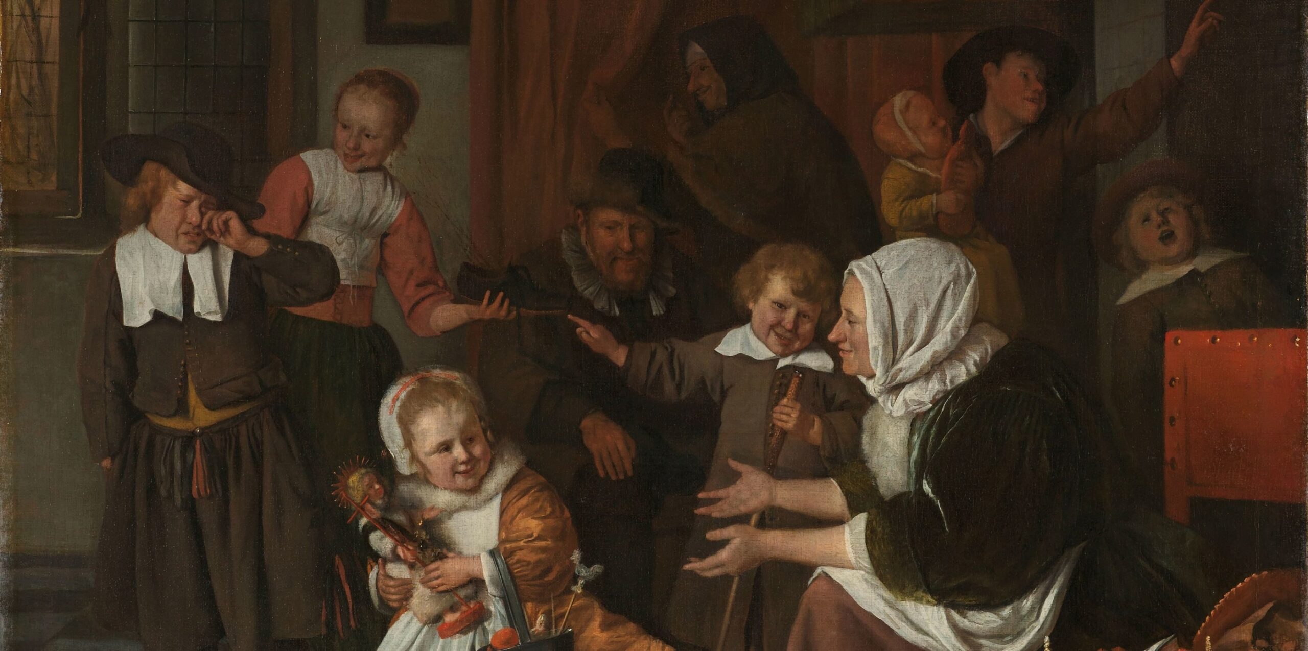 The Feast of St. Nicholas" painting that shows children from the 17th century receiving gifts from Sinterklaas.