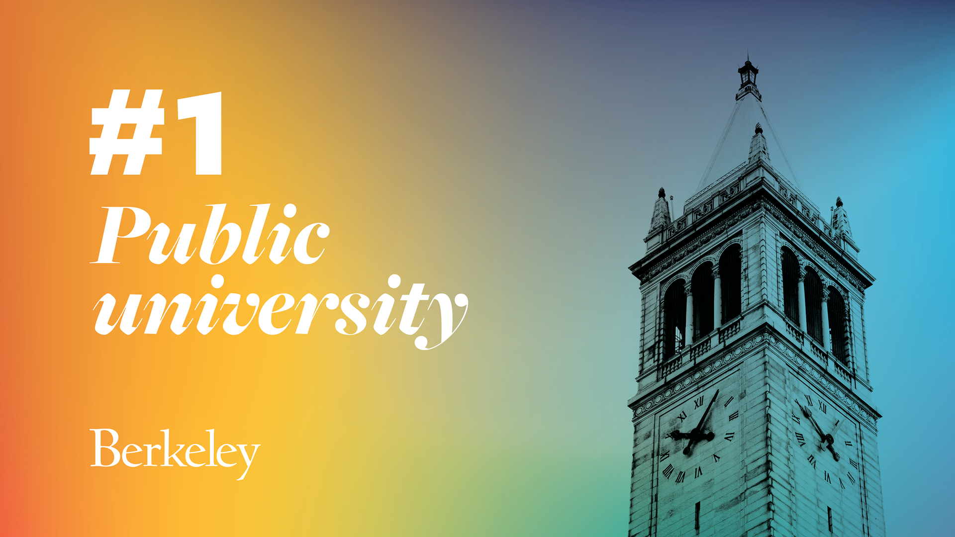 a photo of the top of a bell tower with a color gradient background that fades from blues to yellows. "#1 public university" and "Berkeley" is written on the left side.