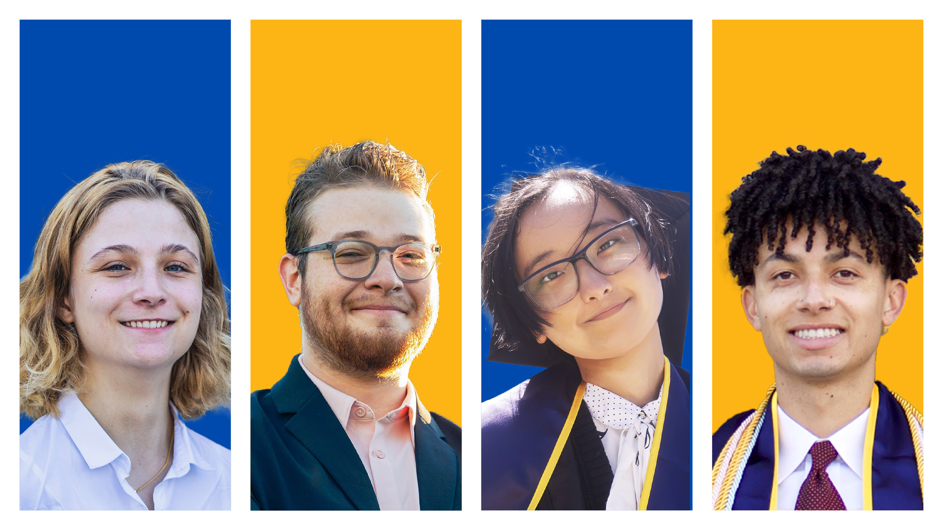 Montage of four 2024 University Medal finalists, in long vertical bands, side by side, alternating blue and gold. From left: Lilly Etzenbach; Henry F. Isselbacher; Skylar Li Song; Bryce Wallace