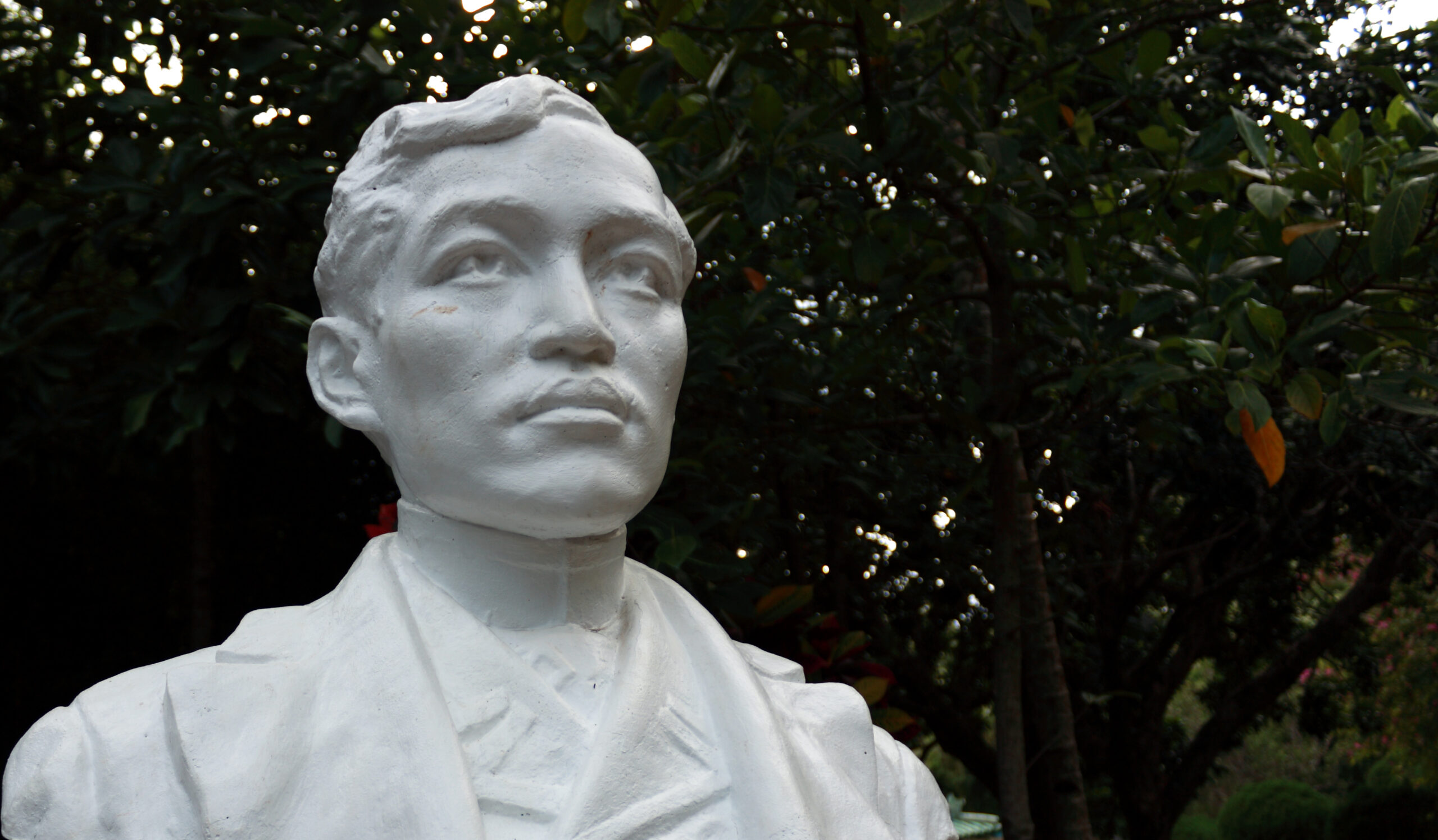 A photo of a white statue of a man with a focused expression glancing up outside with some tree branches in the background.
