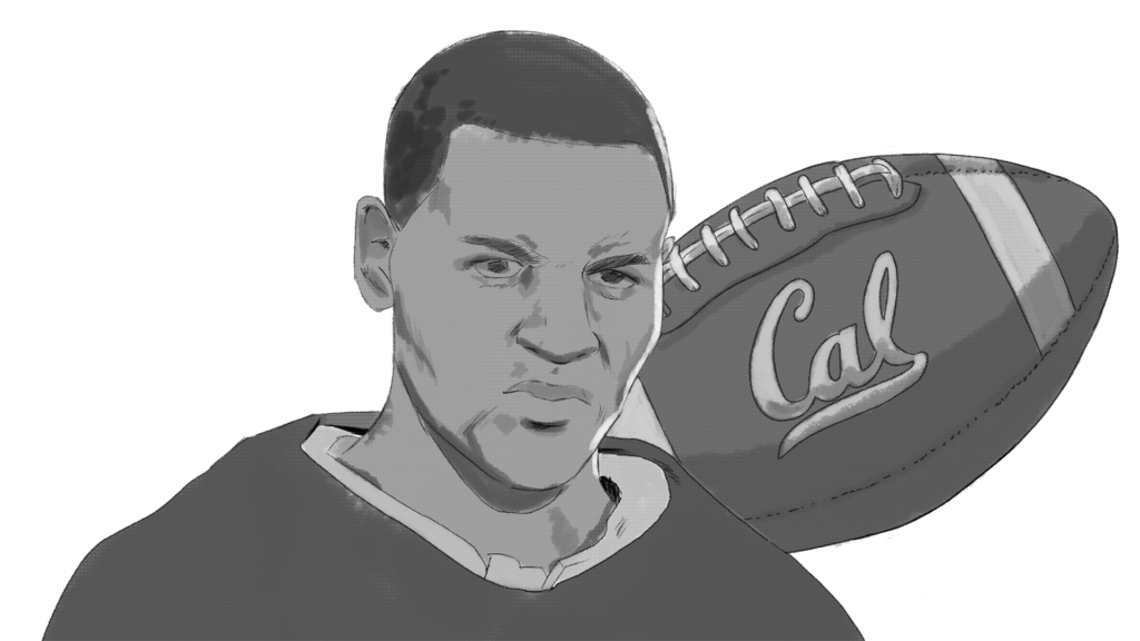 Black-and-white line drawing of Walter Gordon with a Cal football to his side