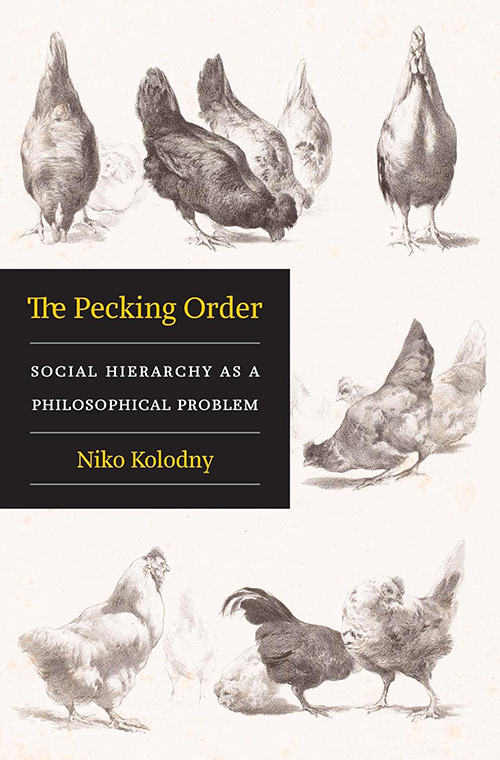 book cover of black-and-white drawing of chickens eating