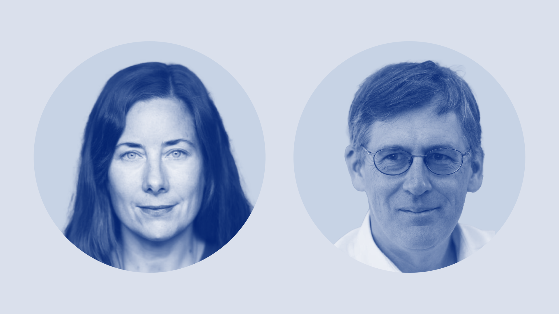Circle-shaped headshots of Jennifer Redfearn and John Connelly, UC Berkeley's newest recipients of Guggenheim Fellowships, are in shades of blue.