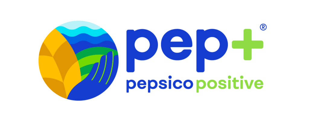 PepsiCo's logo for its new efforts at sustainability feature the words pep-plus and a graphic of a hand with plants, grass and water behind it.