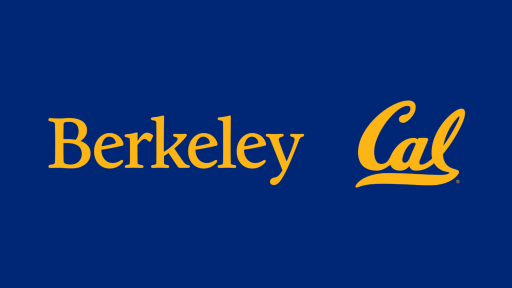 A blue background with text that has the Berkeley logo and the Cal logo, both in gold colors