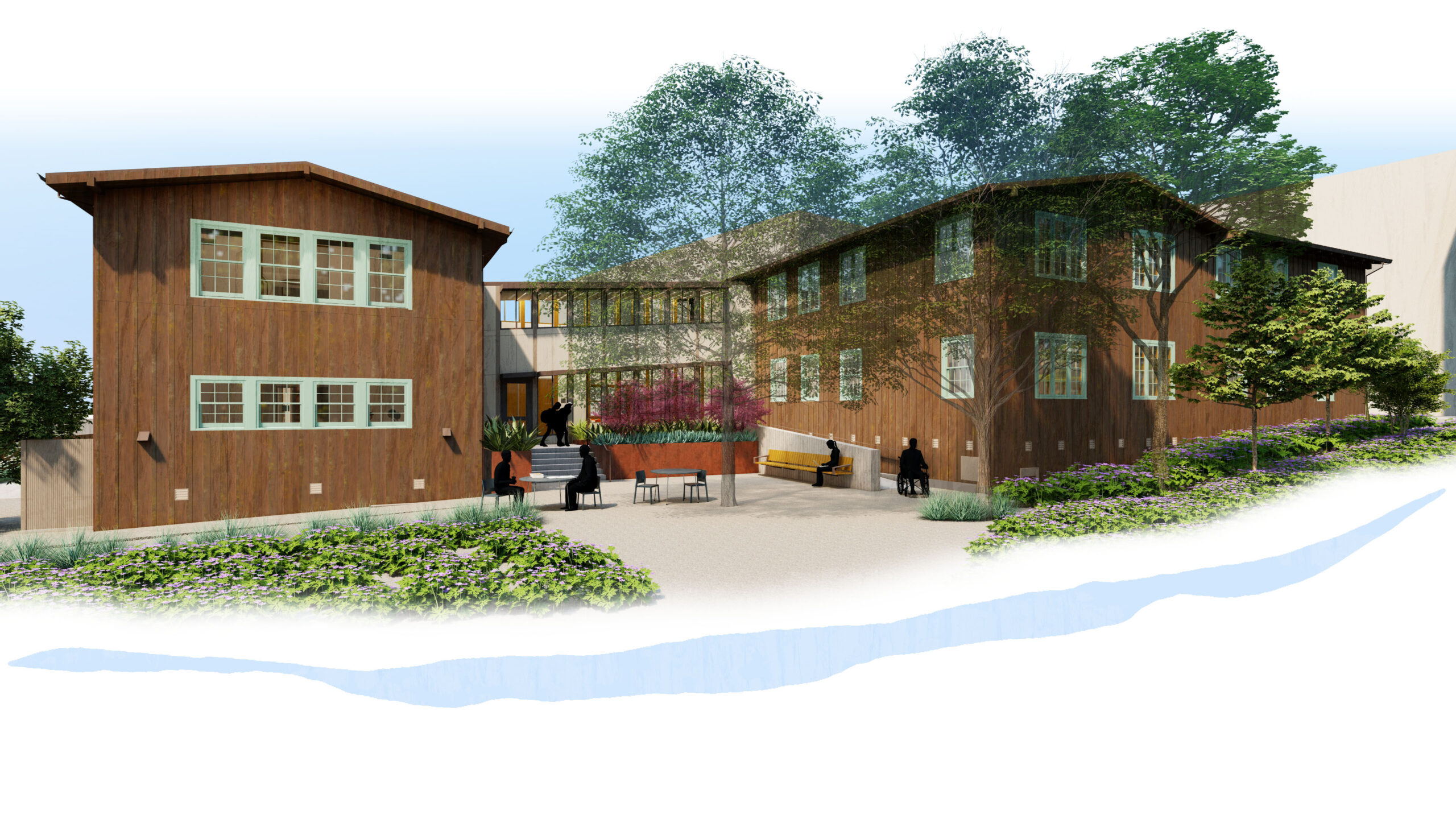 An artist's rendering shows the new Creekside Center, a renovated building that previously was the Dwinelle Annex. It has vertical, wood-paneled siding and mint green window trim and is two stories tall. It will be the new home of the Disabled Students' Program.