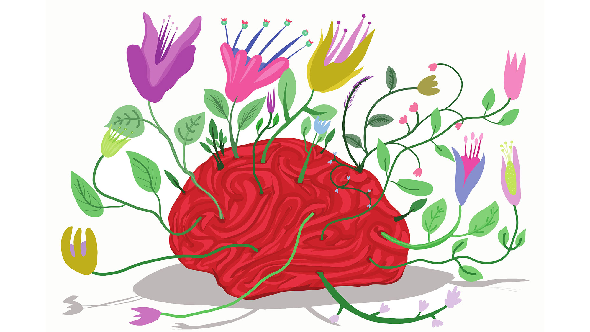 An illustration of a brain with flowers growing out of it.
