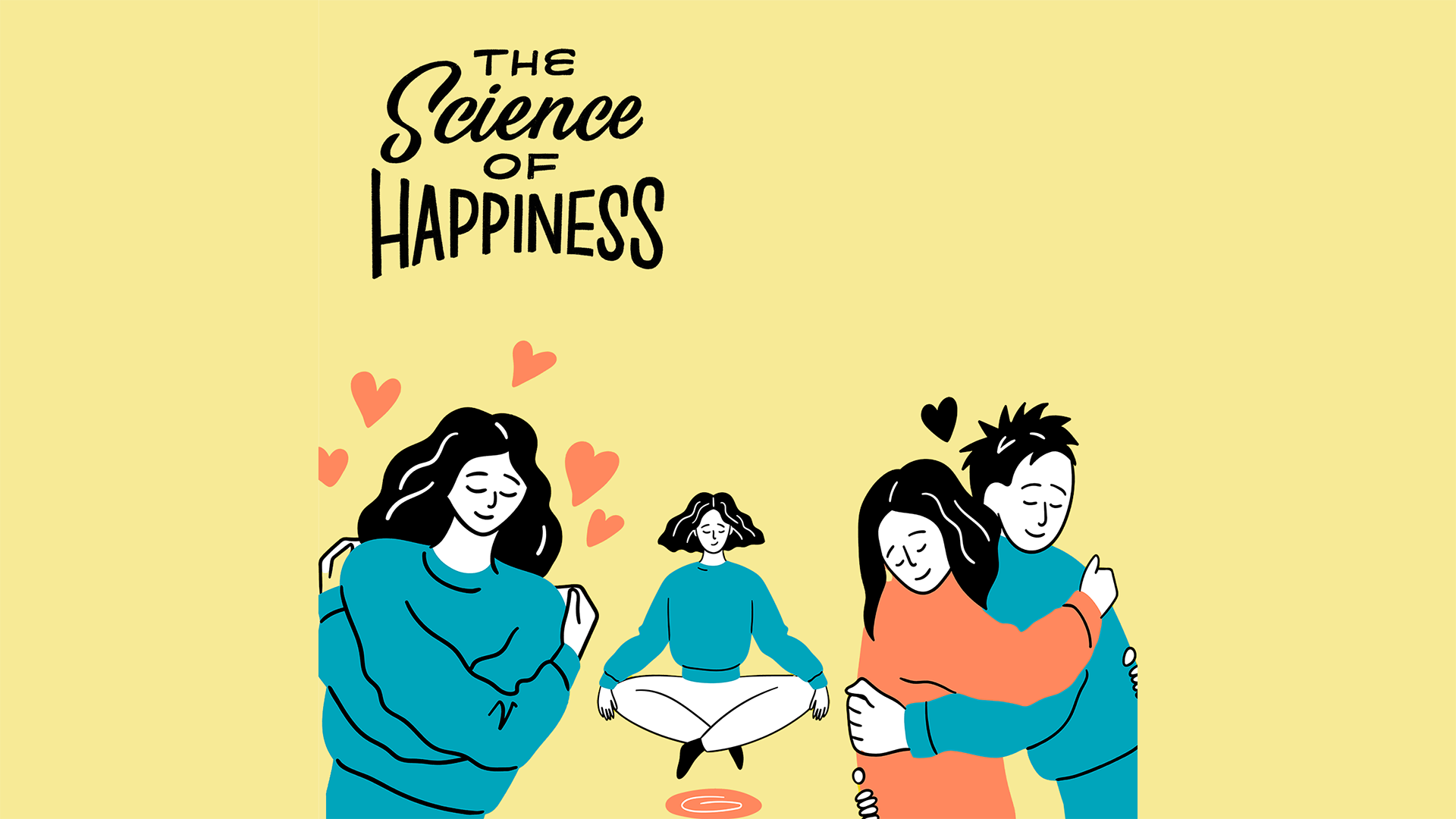 illustration of two people hugging, one person hugging themself and another person meditating
