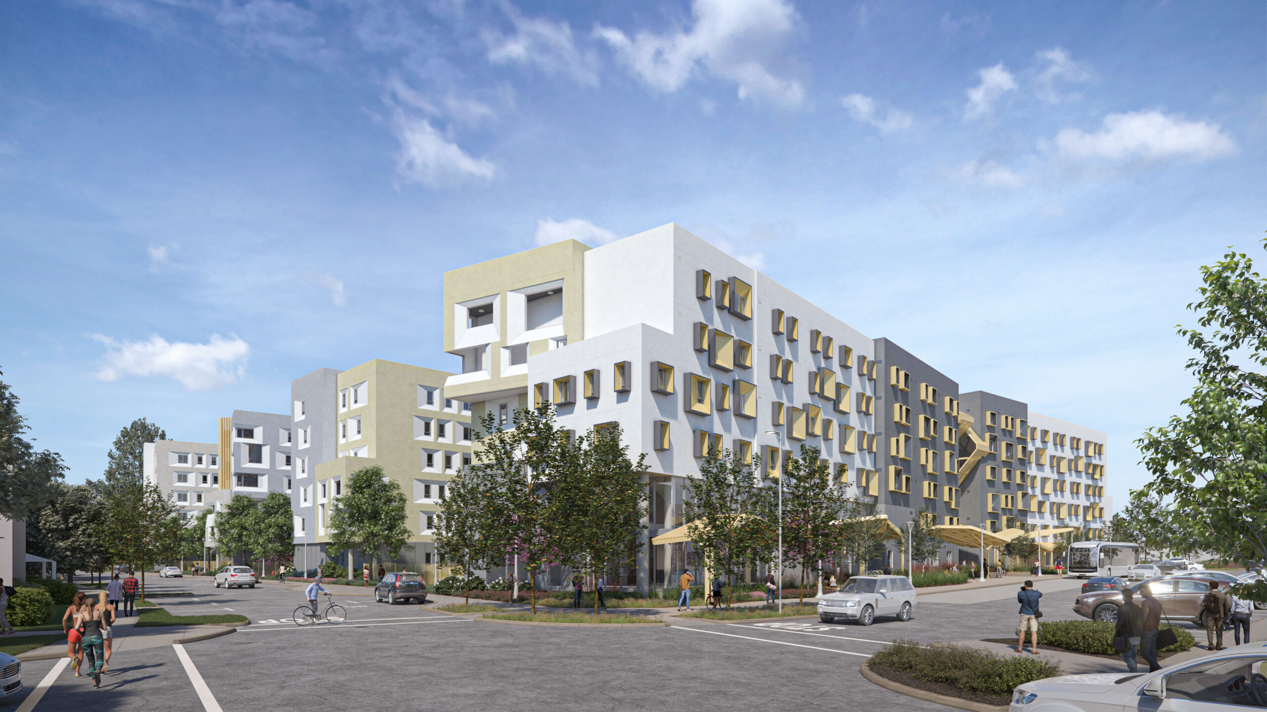 An image of the new graduate student apartments in Albany, which are arranged into a five-building, multi-story complex that opens in August 2024. The AC transit bus stop is in front of the building, and students are depicted walking, running and riding their bikes.