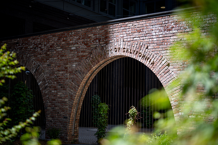 A meticulously recreated brick arch in the interior courtyard of Anchor House is made from salvaged bricks of the former University Garage that stood on the site. The lettering that says University of California also is from the former garage, which used to serve the campus's buses, shuttles and other vehicles. Plants are being trained to climb up trellises beneath the arch.