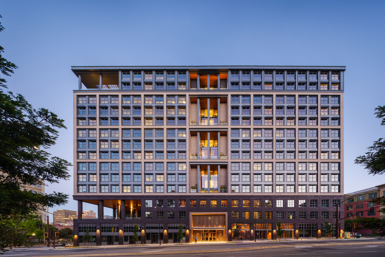 A view of Anchor House, a new building created just for transfer students, as seen from Oxford Street, across from the West Crescent lawn.