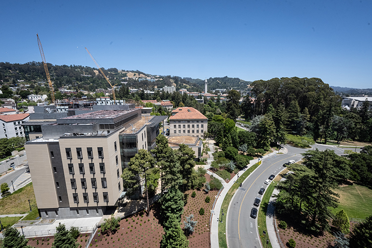 This is a view from The Sun Terrace looking eastward over the tops of the campus and toward the Berkeley hills.