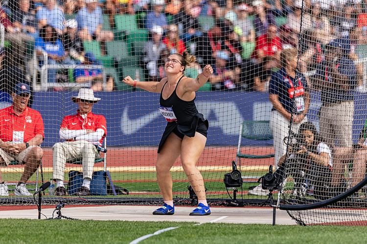 Elena Bruckner watches her discus throw at the 2024 Olympic trials