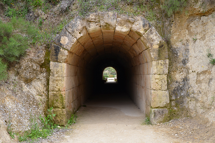 An ancient stone tunnel leads to the track and stadium at Berkeley's Nemea Center for Classical Archaeology in 
Greece.