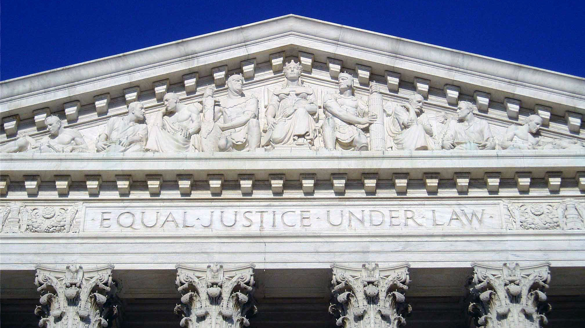 The pediment and frieze of the U.S. Supreme Court building, bearing the inscription: Equal Justice Under Law