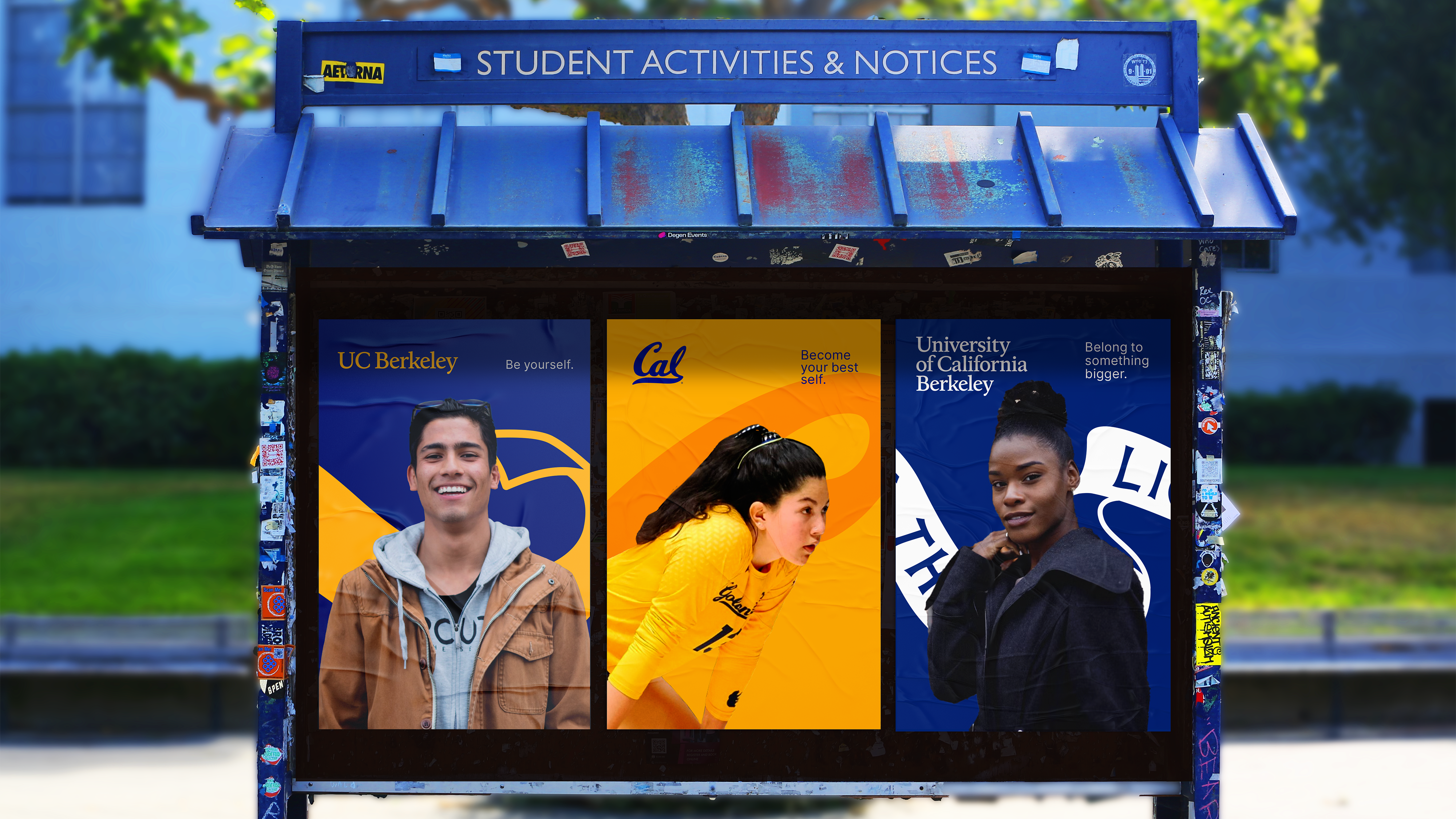 A rendering of a bulletin board at UC Berkeley featuring three posters with different messages and brand identies: The leftmost poster has the text 