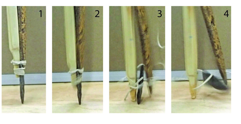 a four-frame, side-by-side image showing a stone-tipped wooden spear being pressed into wood. as the frames progress, the stone tip recedes into the wooden shaft, and the wood-and-bone shaft splits it in two, which researchers say would inflict more harm in an animal.