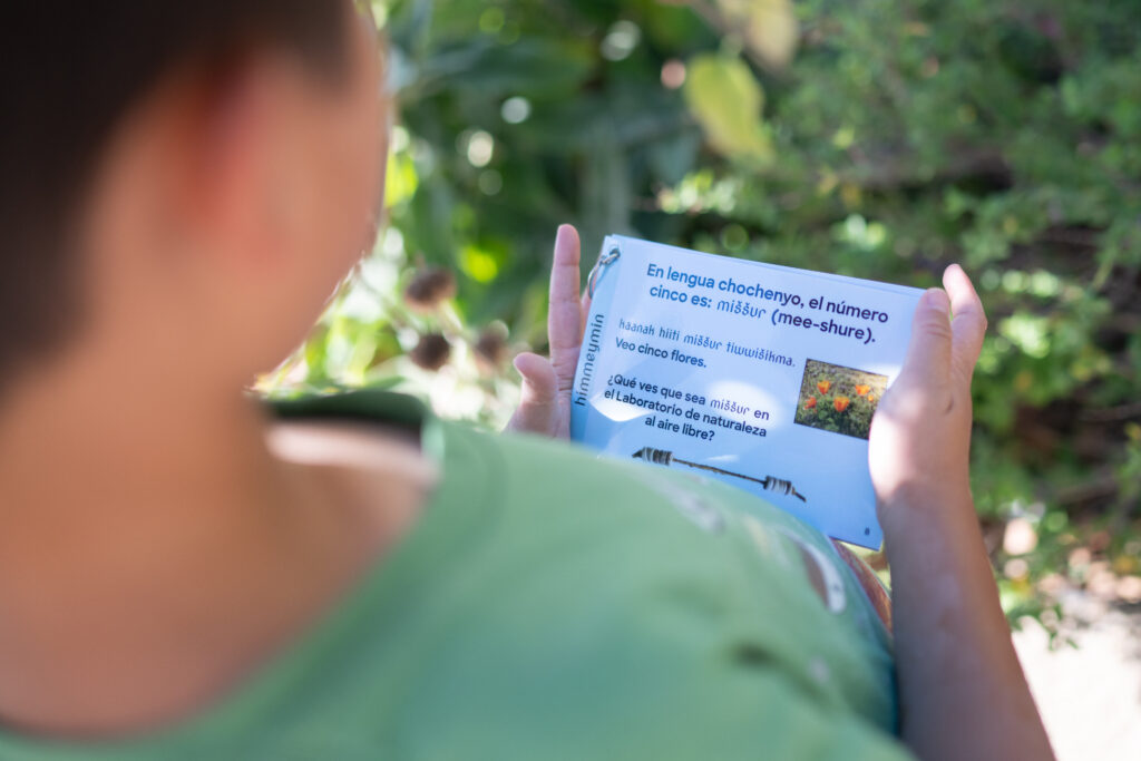 A young guest to the Lawrence Hall of Science's Outdoor Nature lab holds a card with words in both Spanish and Chochenyo that describes how the Ohlone people used a particular plant in the garden.